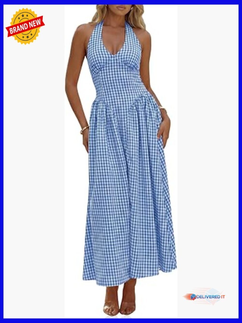 Women's Halter V-Neck Corset Maxi Dress, Smocked Tie Back, Backless, Summer